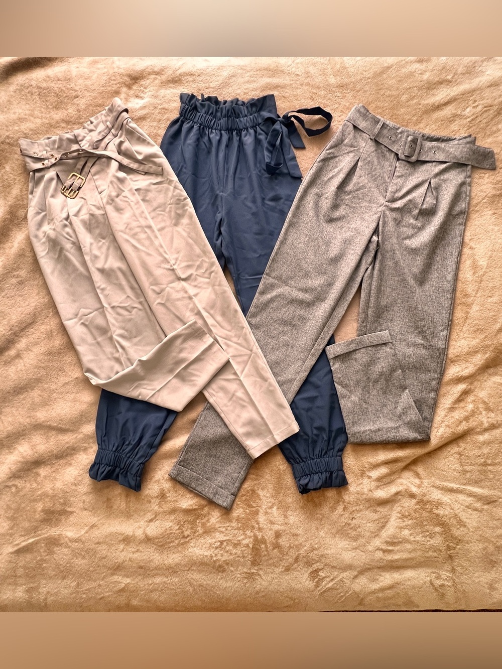 XS Women's High-Waist Paperbag Trousers bundle of 3 - Navy, Light Gray, & Beige